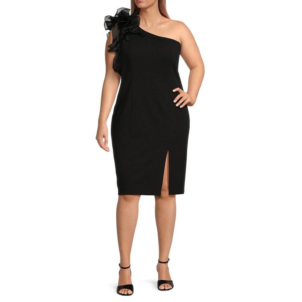 Marina Ruffle One Shoulder Sleeveless‎ Scuba Crepe Sheath Dress Size 16 in Black